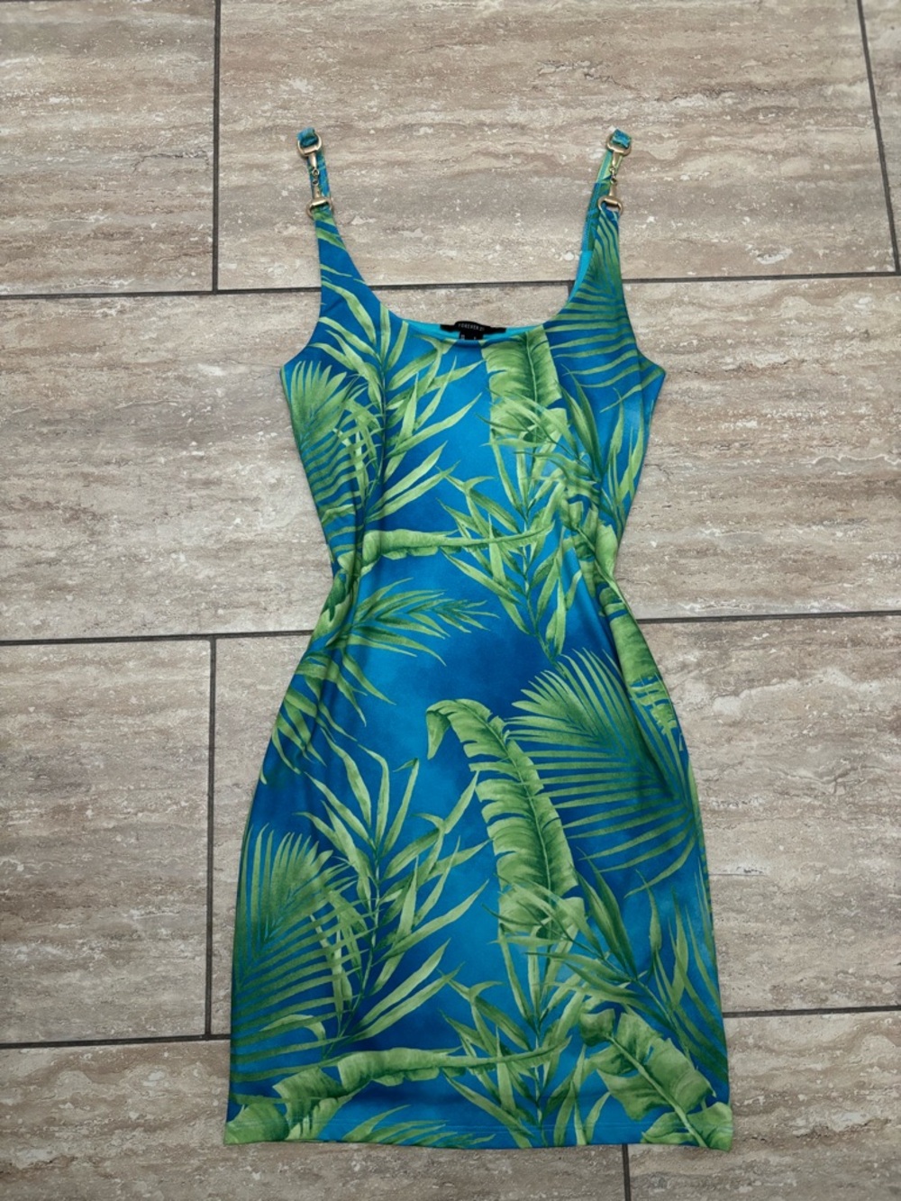 Forever 21 Blue Dress with Green Tropical Print Gold Straps Size Small